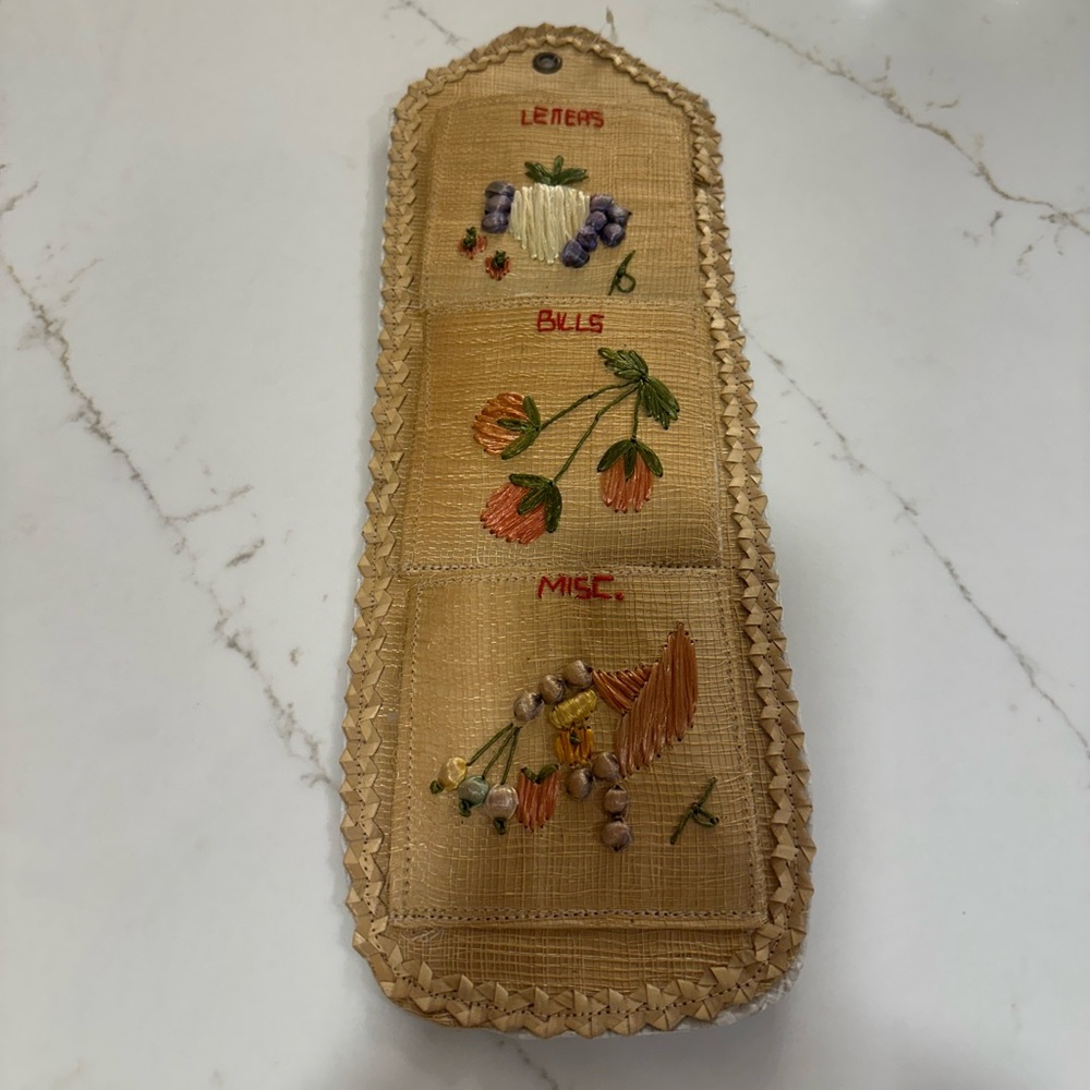 Vintage Hand-Embroidered Hanging Organizer – Letters, Bills, Misc